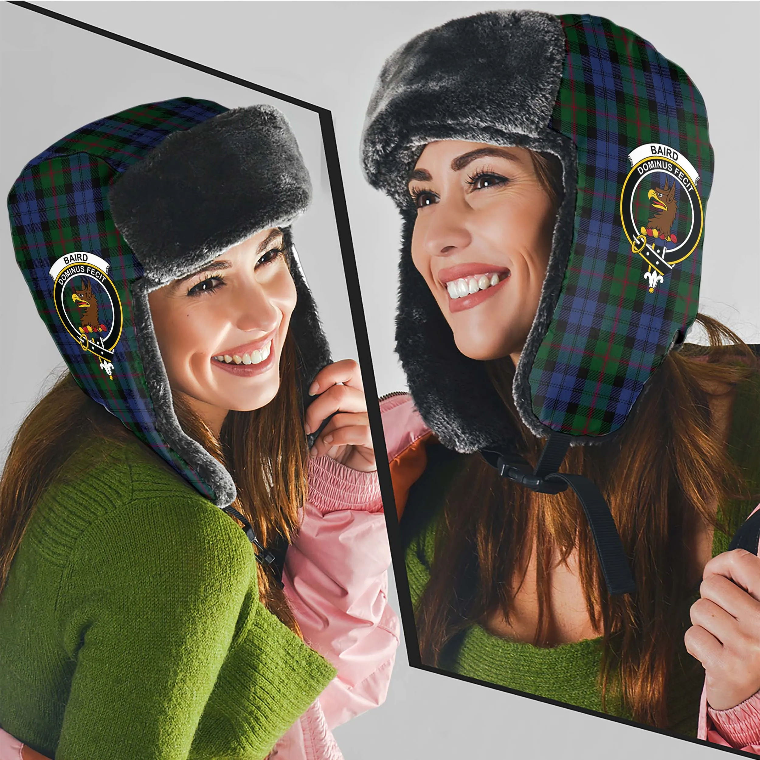 Baird Tartan Winter Trapper Hat with Family Crest