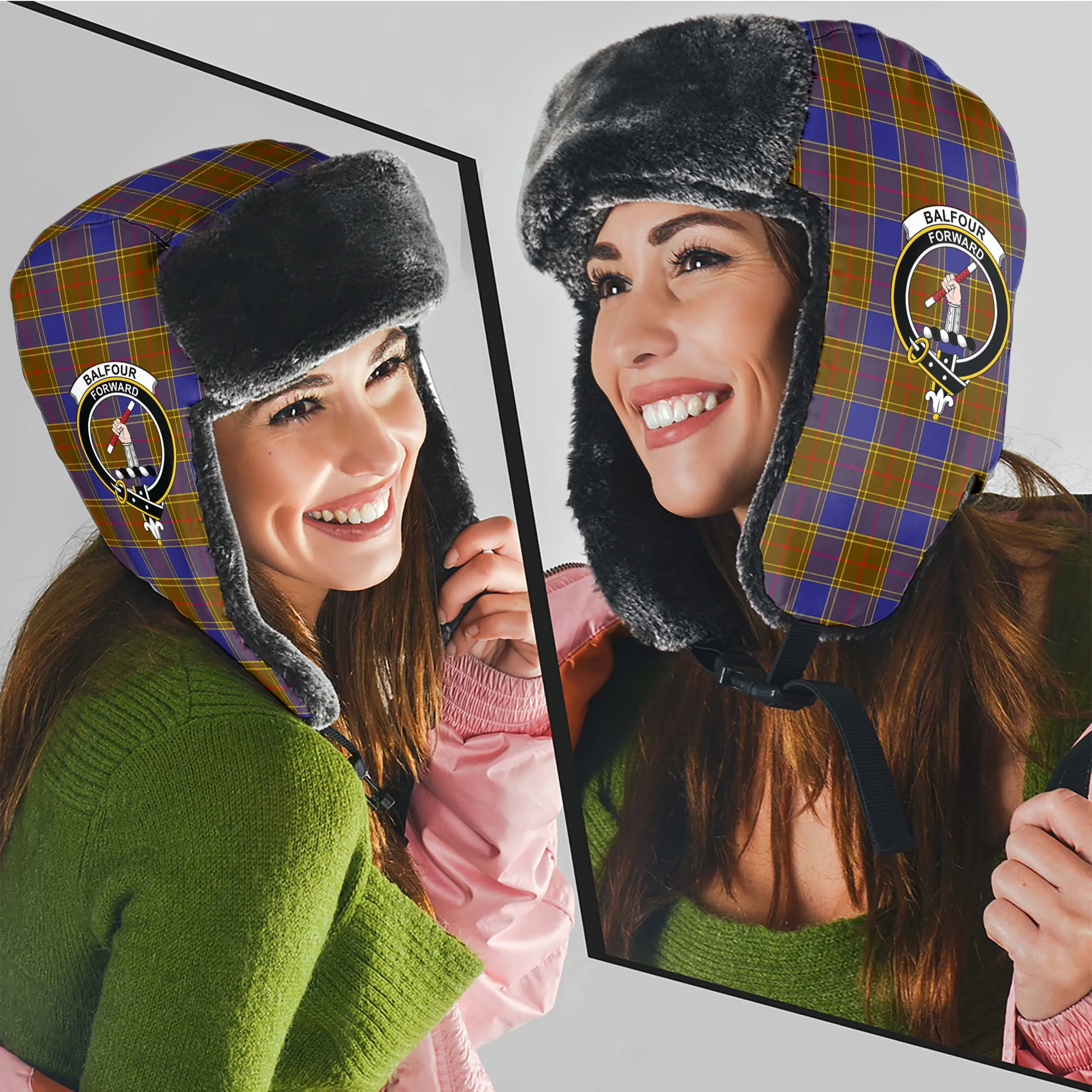 Balfour Tartan Winter Trapper Hat with Family Crest