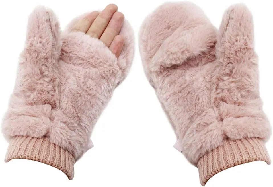Eilova Unisex Winter Fluffy Gloves Mittens Windproof Fleece Plush Gloves with Warm Mitten Cover for Women Girls Boys