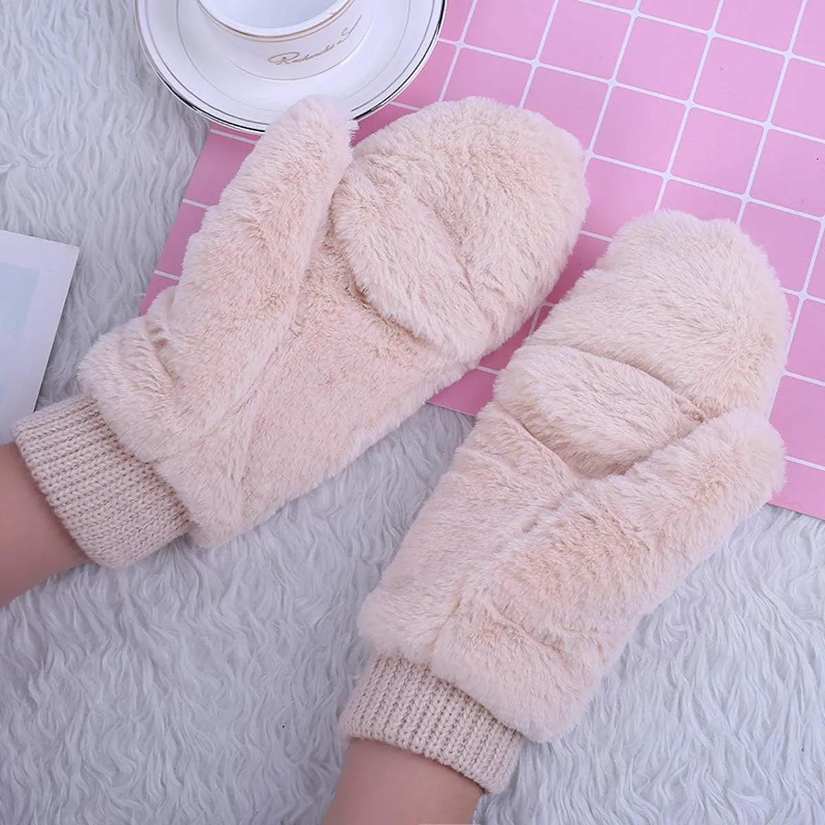 Eilova Unisex Winter Fluffy Gloves Mittens Windproof Fleece Plush Gloves with Warm Mitten Cover for Women Girls Boys