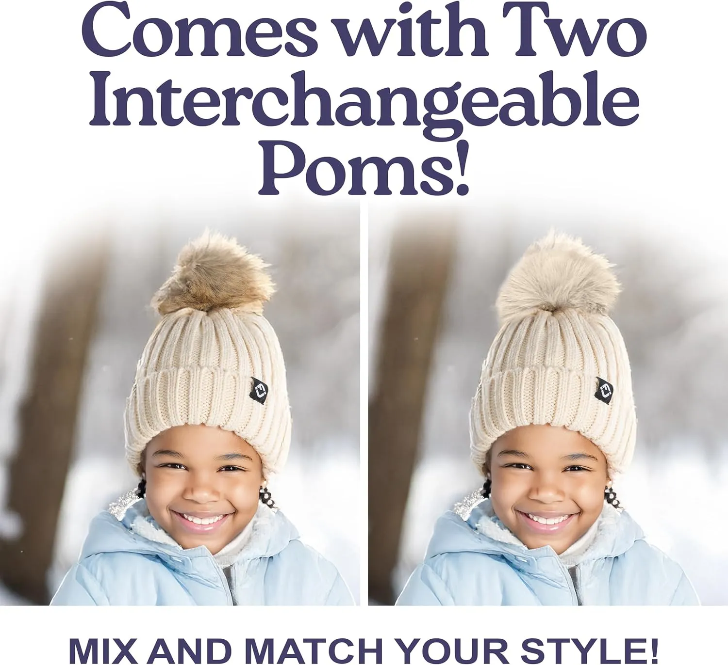 Funky Junque Toddler Winter Hat with Detachable Pom Poms, Warm Knitted Beanie Cap, Stretchy Fit for Girls and Boys Ages 1-6