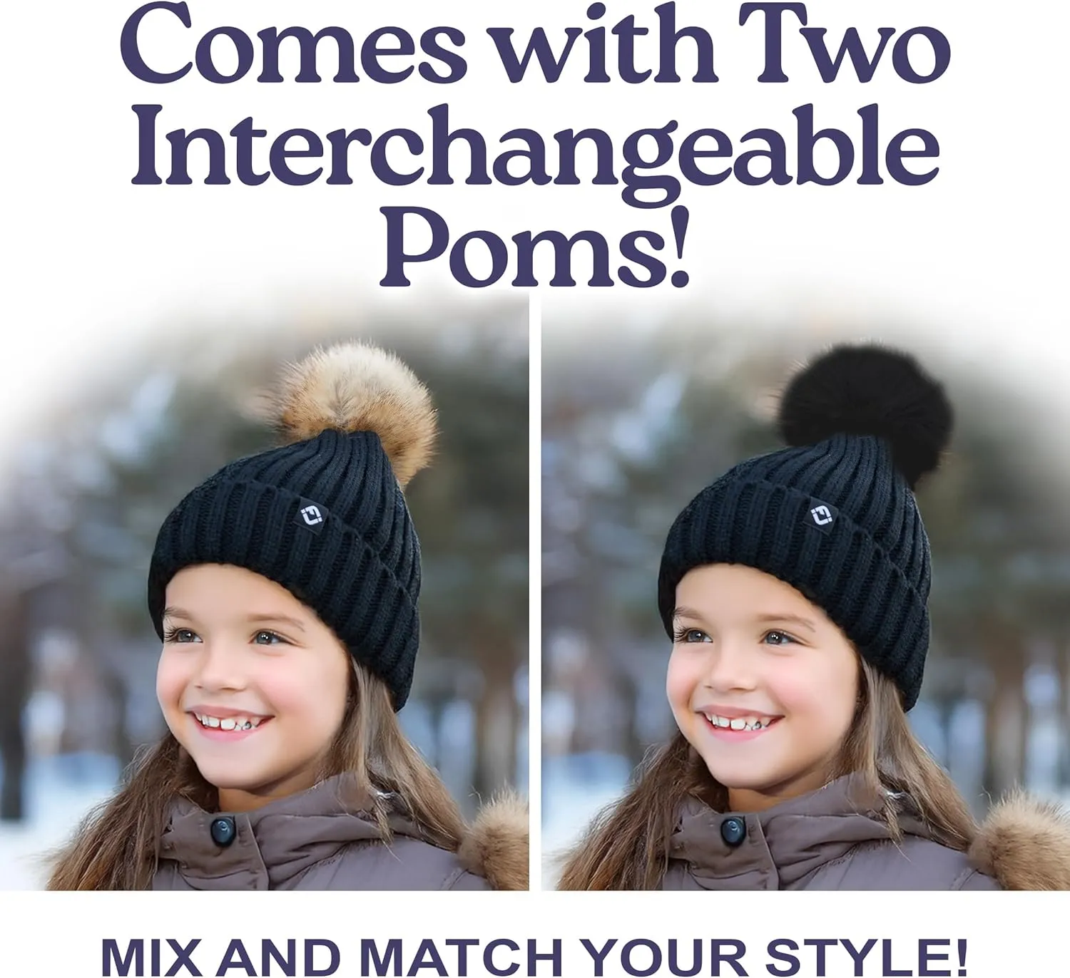 Funky Junque Toddler Winter Hat with Detachable Pom Poms, Warm Knitted Beanie Cap, Stretchy Fit for Girls and Boys Ages 1-6