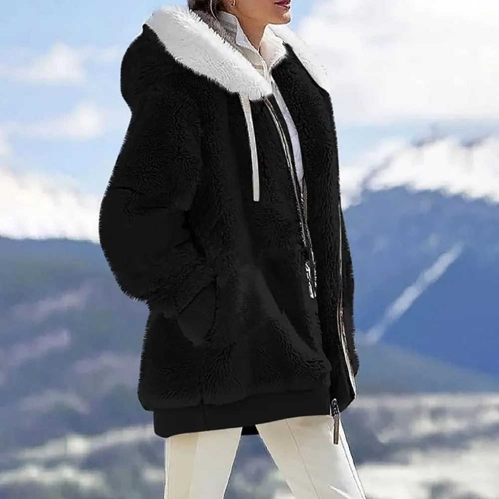 Janepam Women Coat Jacket Hooded Solid/Color Block Flannel Fleece Lined Plus Size Pocket Loose Zipper Warm Outerwear