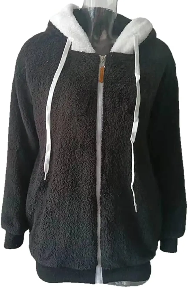 Janepam Women Coat Jacket Hooded Solid/Color Block Flannel Fleece Lined Plus Size Pocket Loose Zipper Warm Outerwear