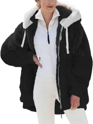 Janepam Women Coat Jacket Hooded Solid/Color Block Flannel Fleece Lined Plus Size Pocket Loose Zipper Warm Outerwear