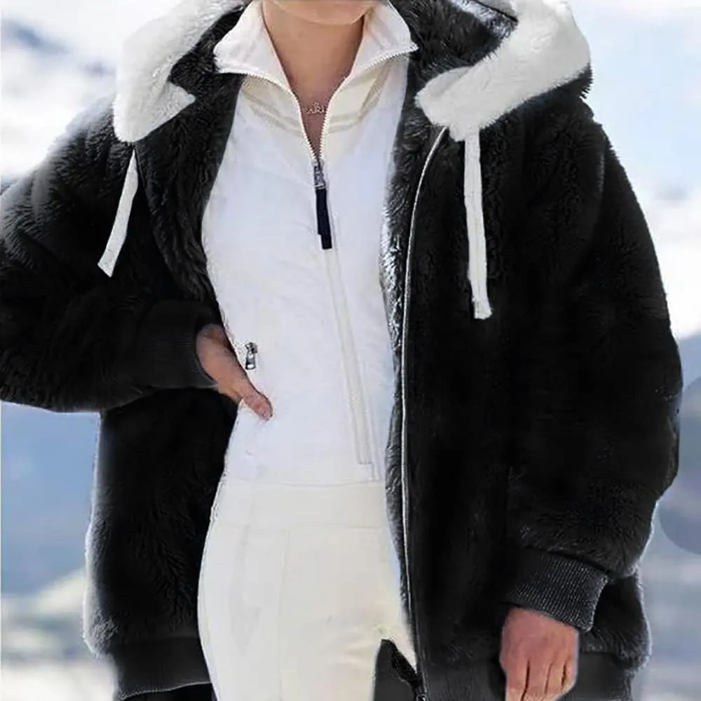Janepam Women Coat Jacket Hooded Solid/Color Block Flannel Fleece Lined Plus Size Pocket Loose Zipper Warm Outerwear
