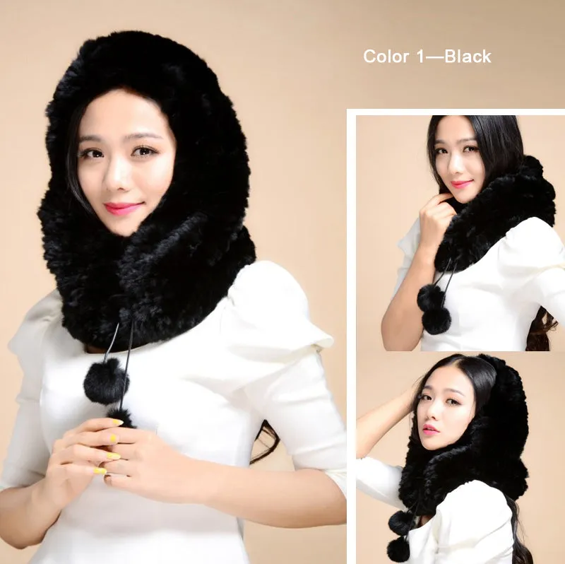 Ladies Winter Hats Knitted Real REX Rabbit Fur Hat Beanie Fur Cap Double-used Fur Scarf Pompom Decoration Winter Hat Snow Hats for Women FS14608