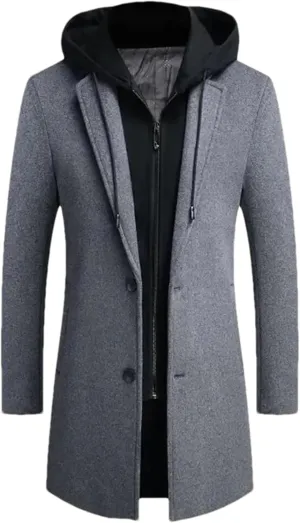 Men Patchwork Hooded Long Jacket Coat Business Thick Slim Single Breasted Cardigan Outwear
