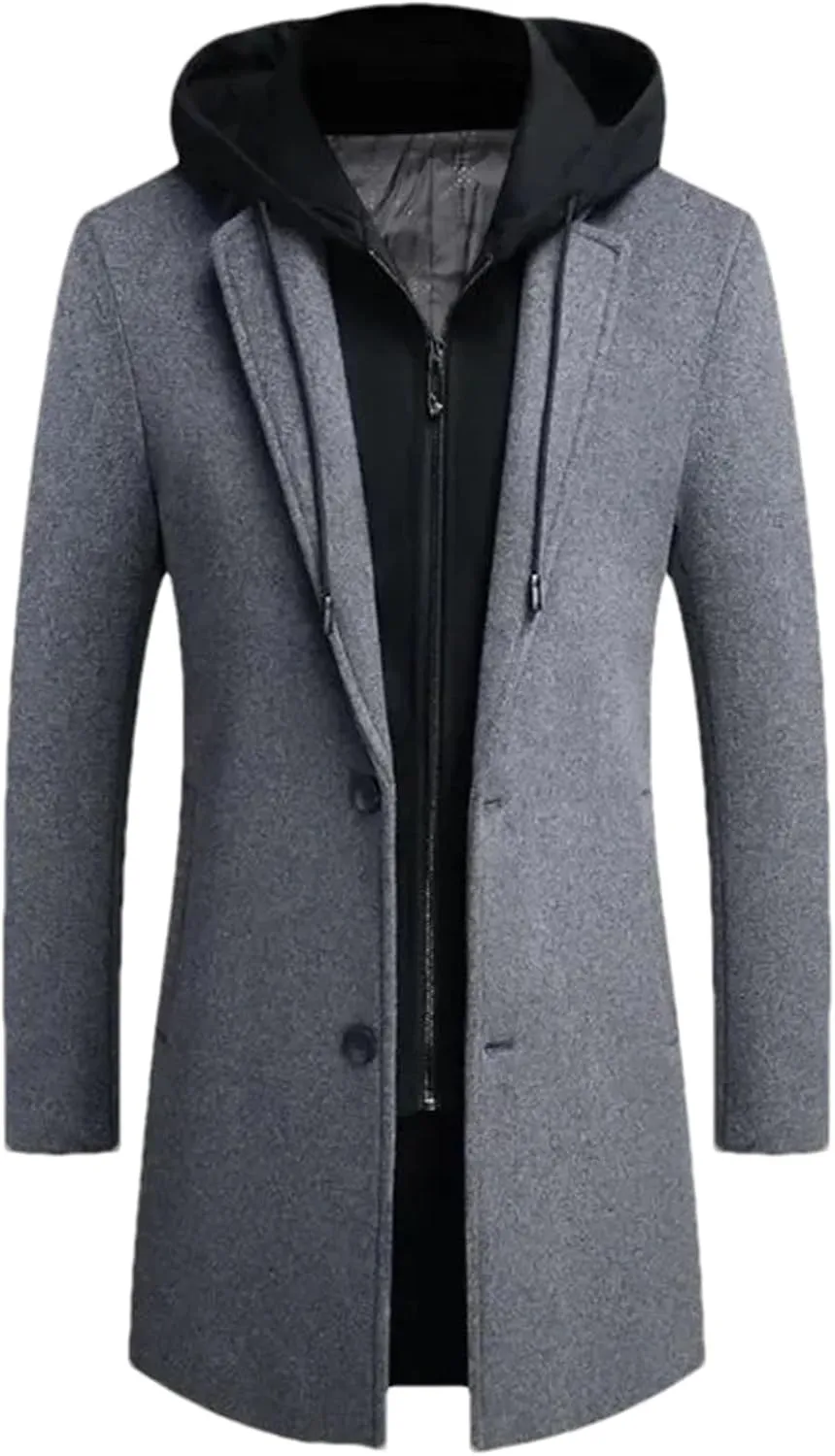 Men Patchwork Hooded Long Jacket Coat Business Thick Slim Single Breasted Cardigan Outwear