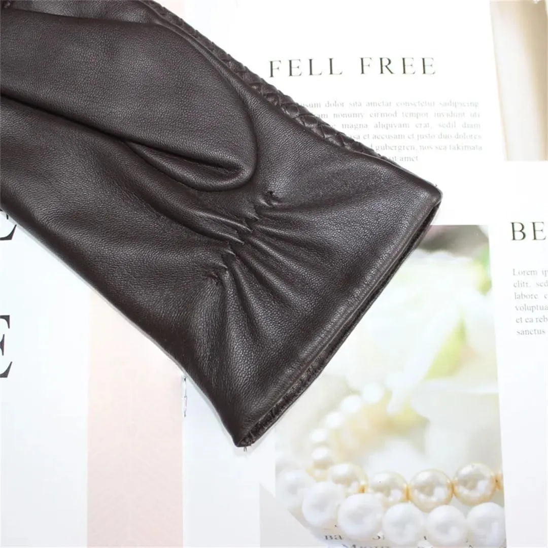 Men's Sheepskin Gloves Touch Screen Leather Sheepskin Woven Warm Wool Knitted Lining Driving Gloves Yellow Brown 6.5