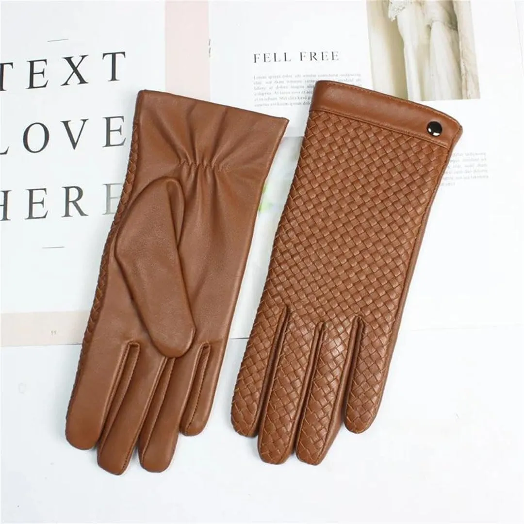 Men's Sheepskin Gloves Touch Screen Leather Sheepskin Woven Warm Wool Knitted Lining Driving Gloves Yellow Brown 6.5