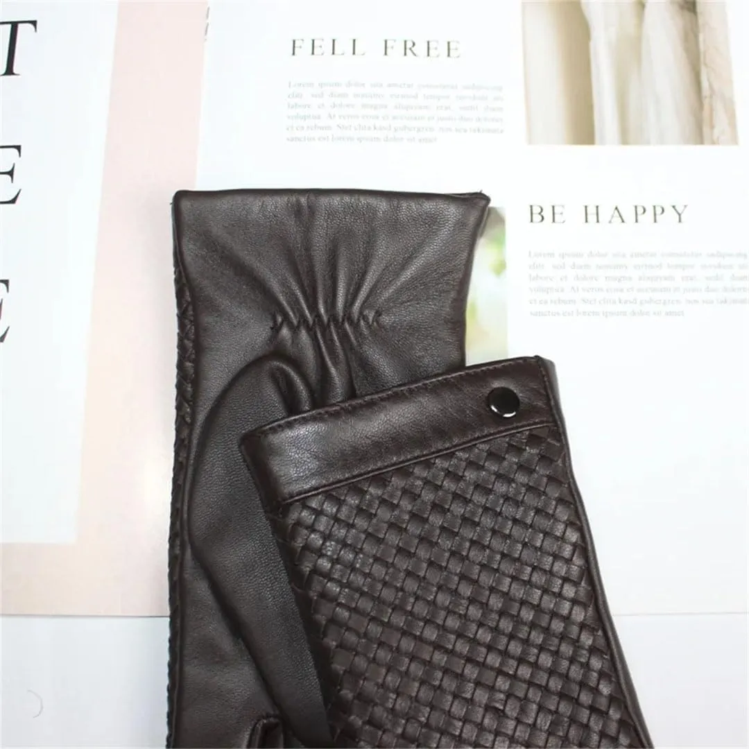 Men's Sheepskin Gloves Touch Screen Leather Sheepskin Woven Warm Wool Knitted Lining Driving Gloves Yellow Brown 6.5