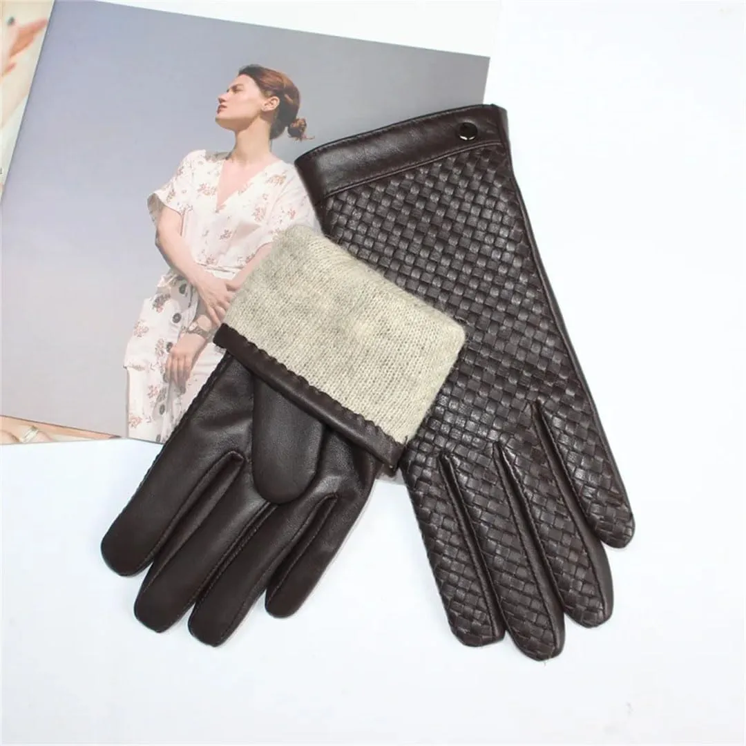 Men's Sheepskin Gloves Touch Screen Leather Sheepskin Woven Warm Wool Knitted Lining Driving Gloves Yellow Brown 6.5