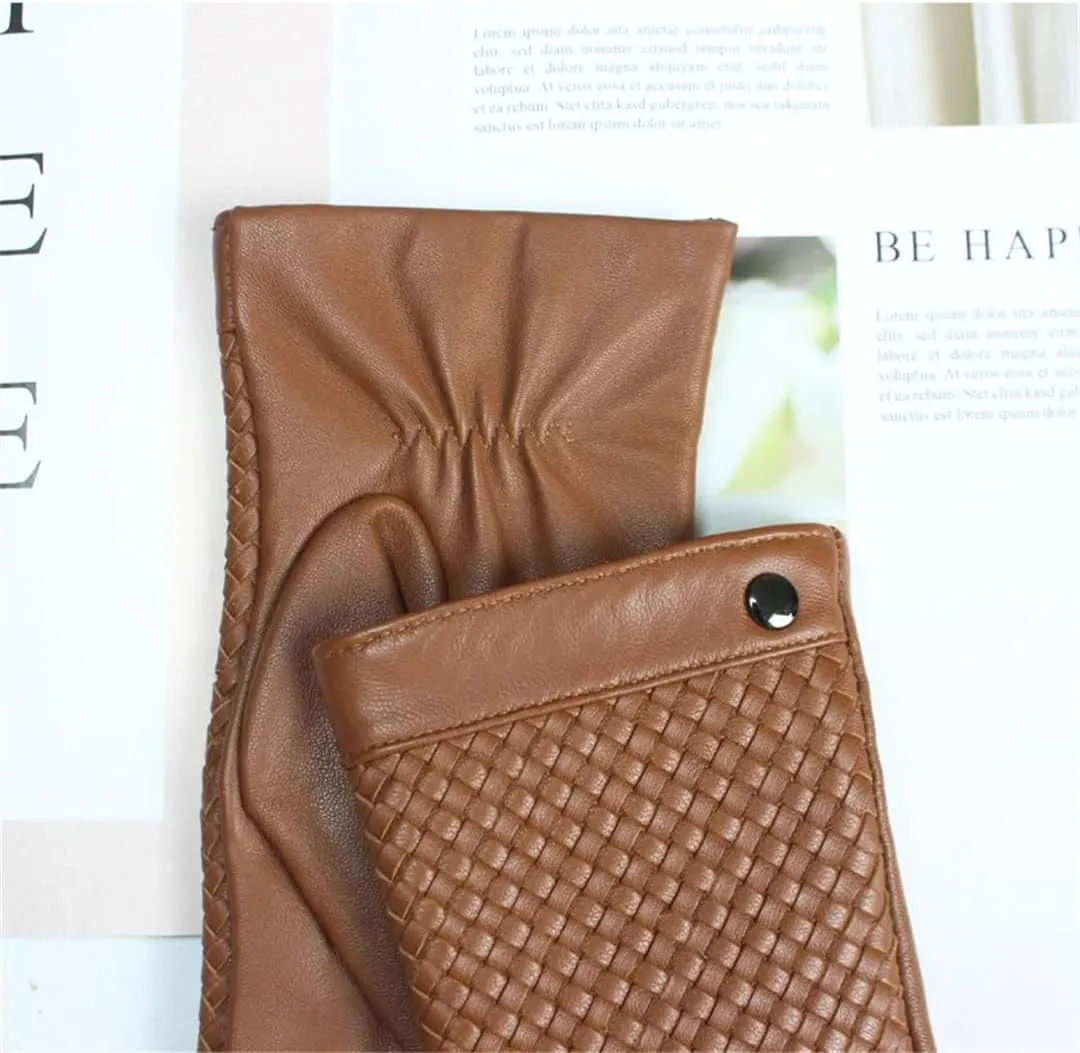 Men's Sheepskin Gloves Touch Screen Leather Sheepskin Woven Warm Wool Knitted Lining Driving Gloves Yellow Brown 6.5
