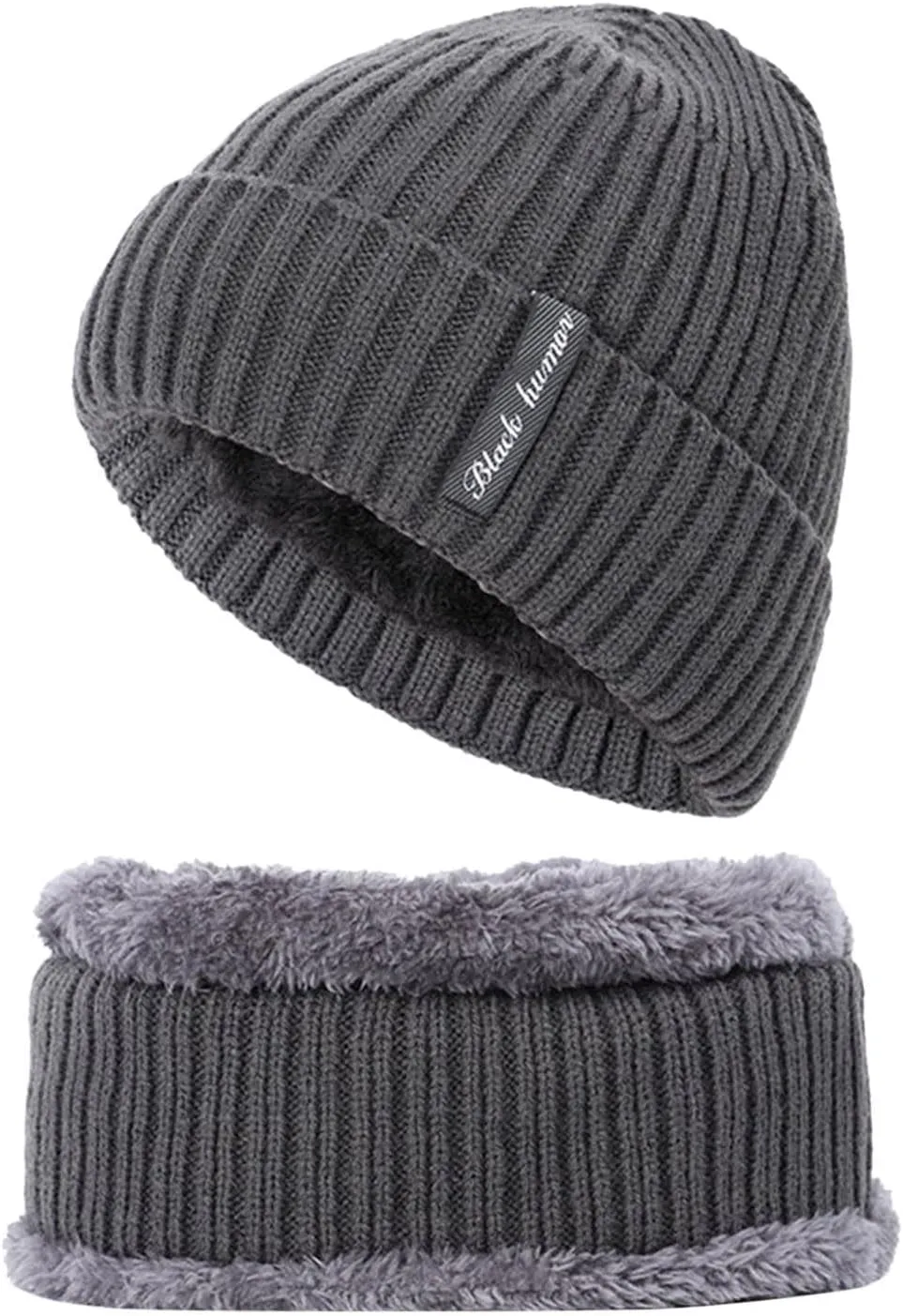 Mens Winter Beanie Hats Scarf Set Warm Knit Hat Fleece Lined Hat Neck Warmer Skull Cap for Men