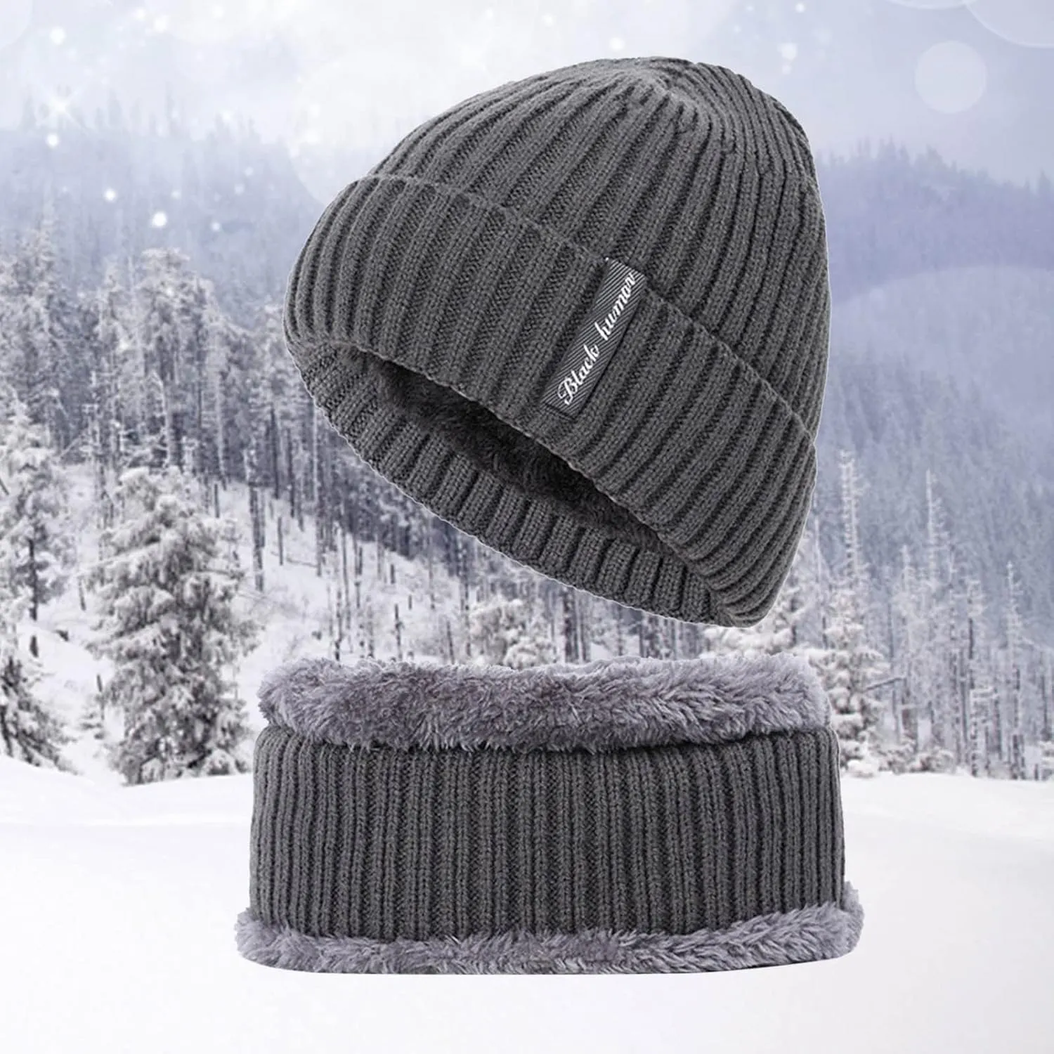 Mens Winter Beanie Hats Scarf Set Warm Knit Hat Fleece Lined Hat Neck Warmer Skull Cap for Men
