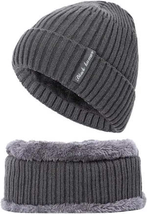 Mens Winter Beanie Hats Scarf Set Warm Knit Hat Fleece Lined Hat Neck Warmer Skull Cap for Men