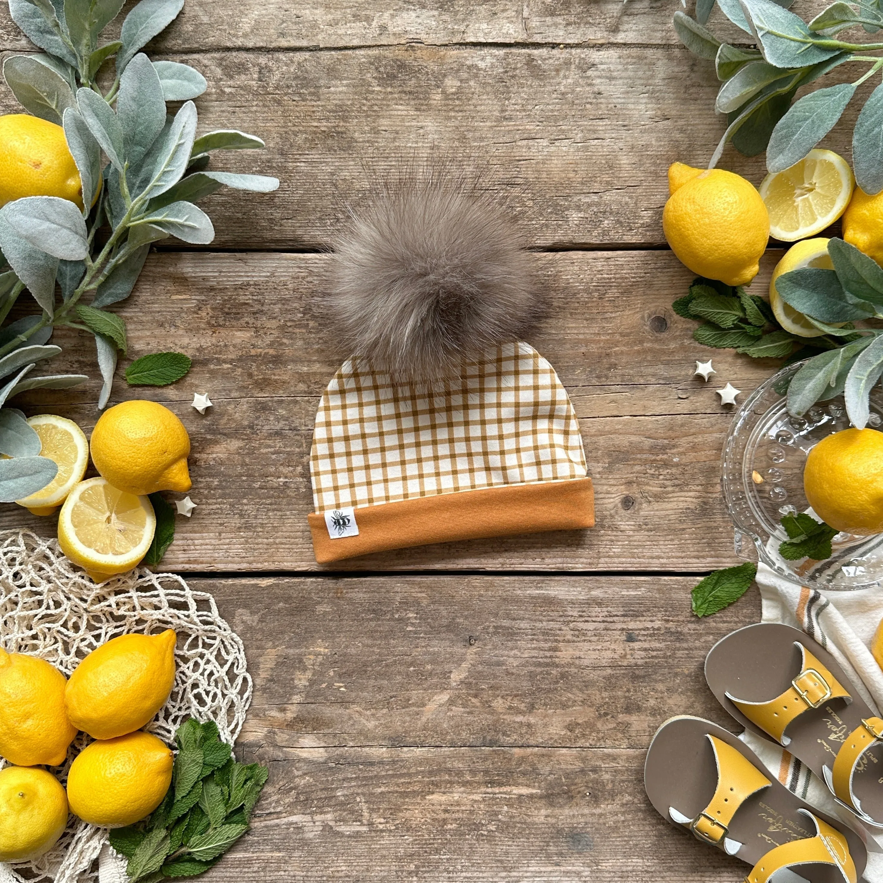 Mustard Gingham Bobble Hat