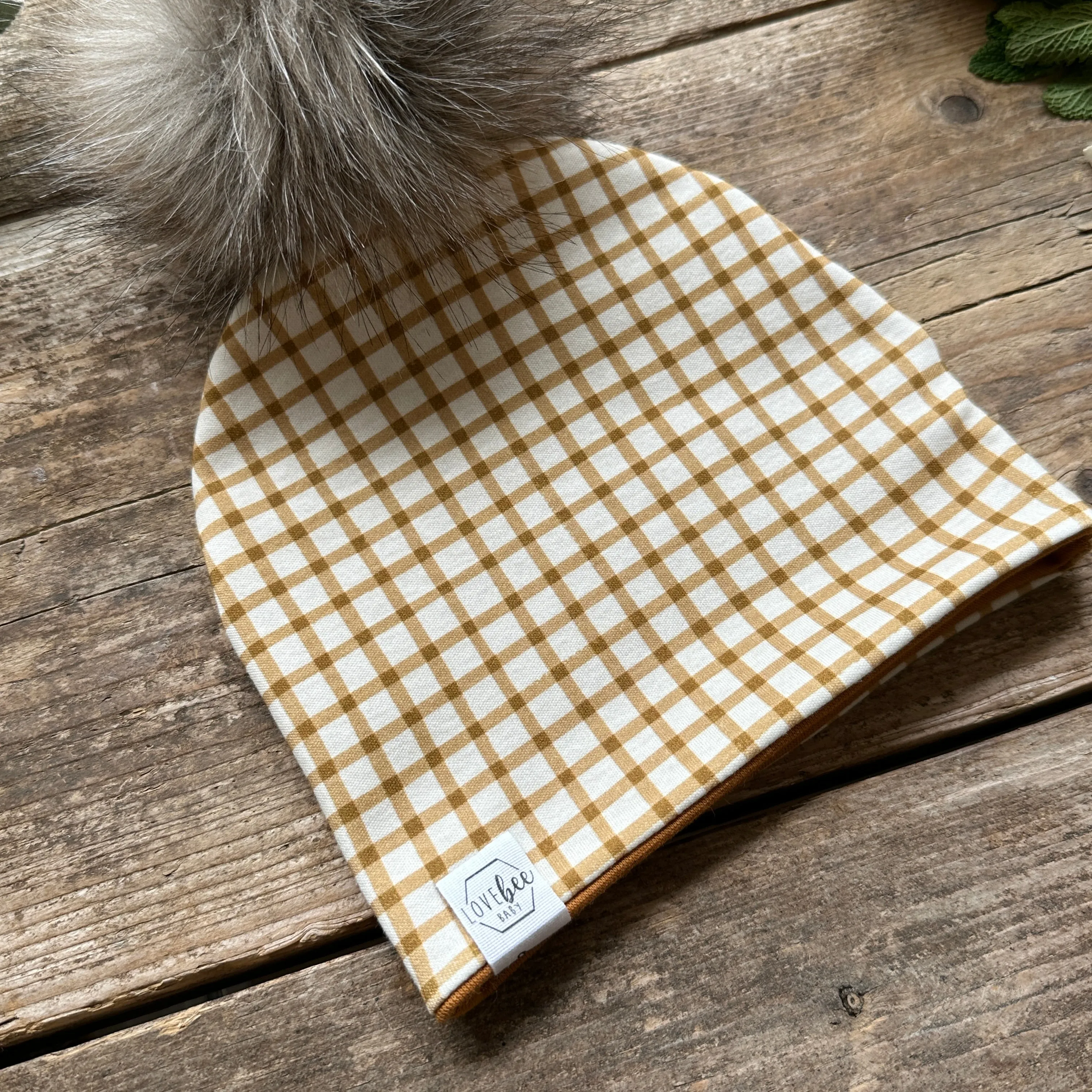 Mustard Gingham Bobble Hat