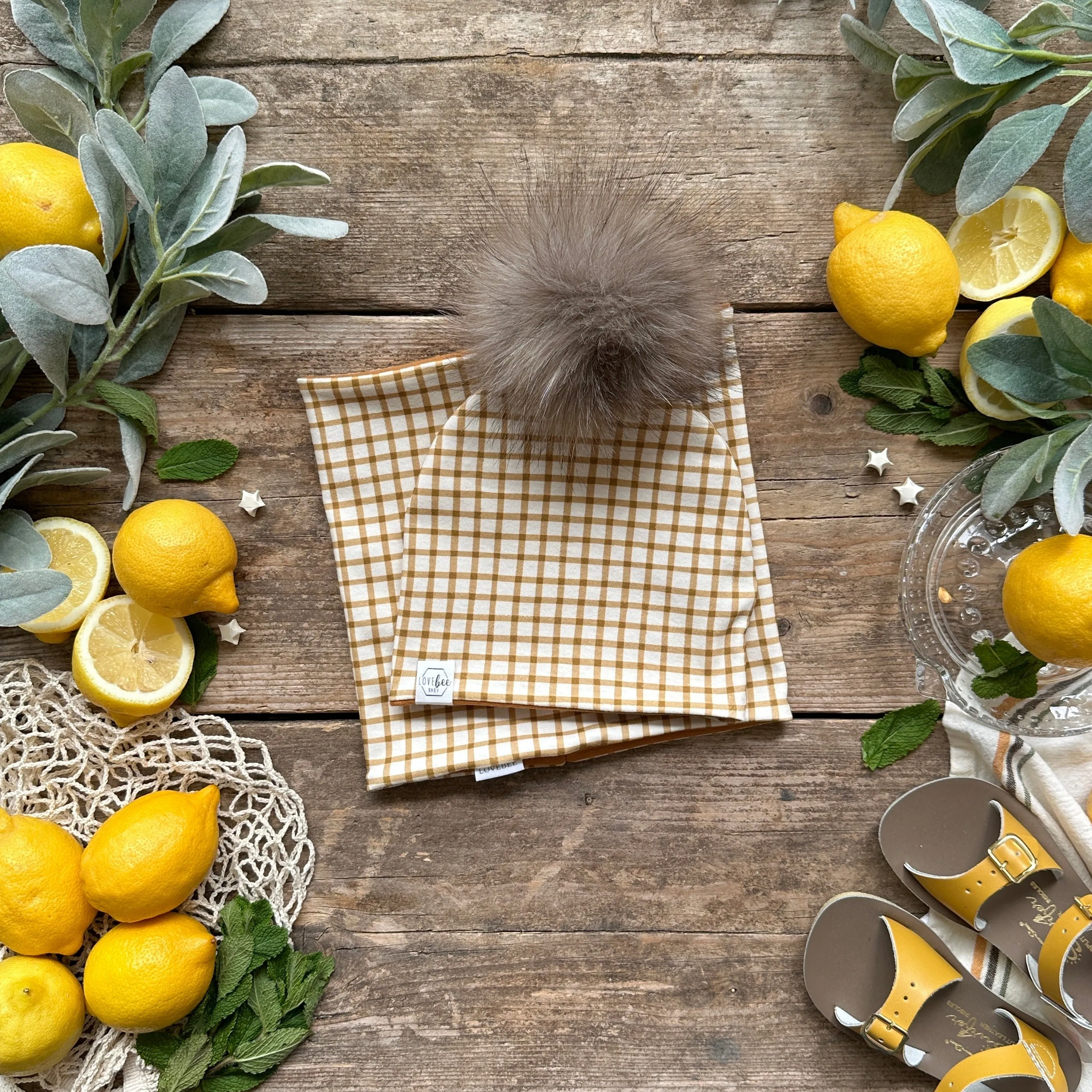 Mustard Gingham Bobble Hat