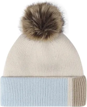 Oplxuo Winter Beanie Hat for Women Color Block Knit Beanie Soft Warm Hat Ski Stocking Cuffed Cap with Pompom