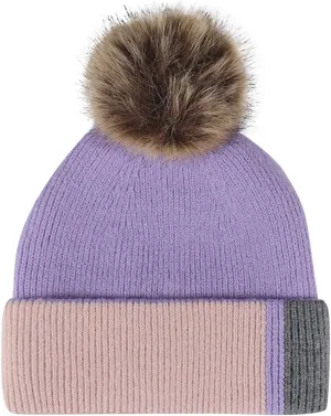 Oplxuo Winter Beanie Hat for Women Color Block Knit Beanie Soft Warm Hat Ski Stocking Cuffed Cap with Pompom