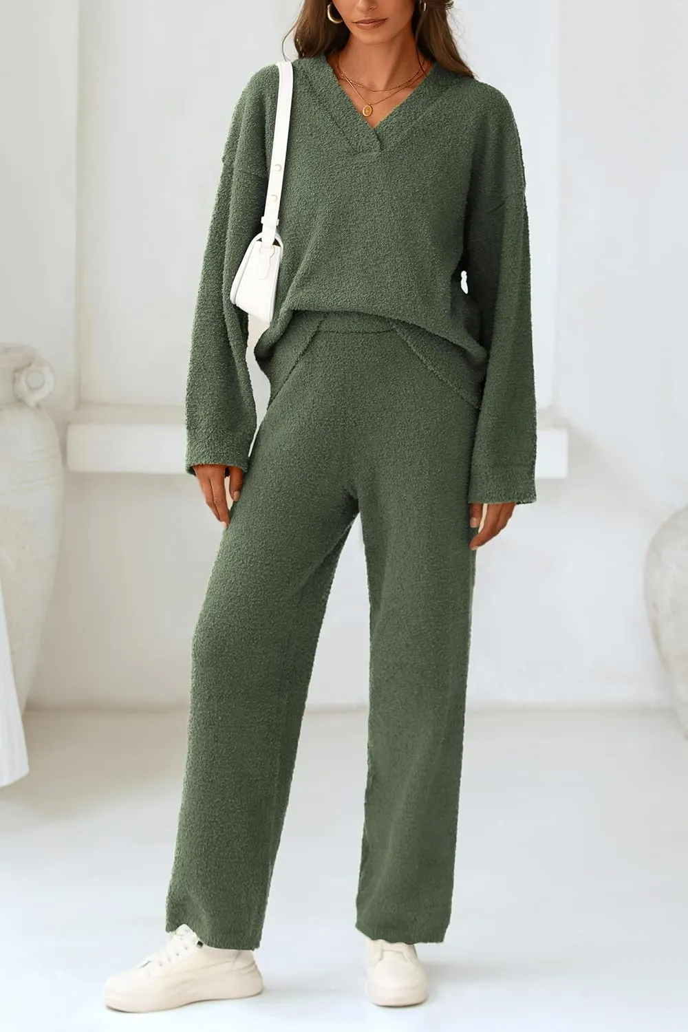PRETTYGARDEN Women's 2 Piece Pullover Sweater Set Oversized V Neck Top Wide Leg Pants Fall Winter Fuzzy Lounge Outfit