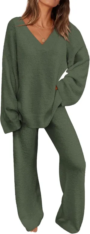 PRETTYGARDEN Women's 2 Piece Pullover Sweater Set Oversized V Neck Top Wide Leg Pants Fall Winter Fuzzy Lounge Outfit