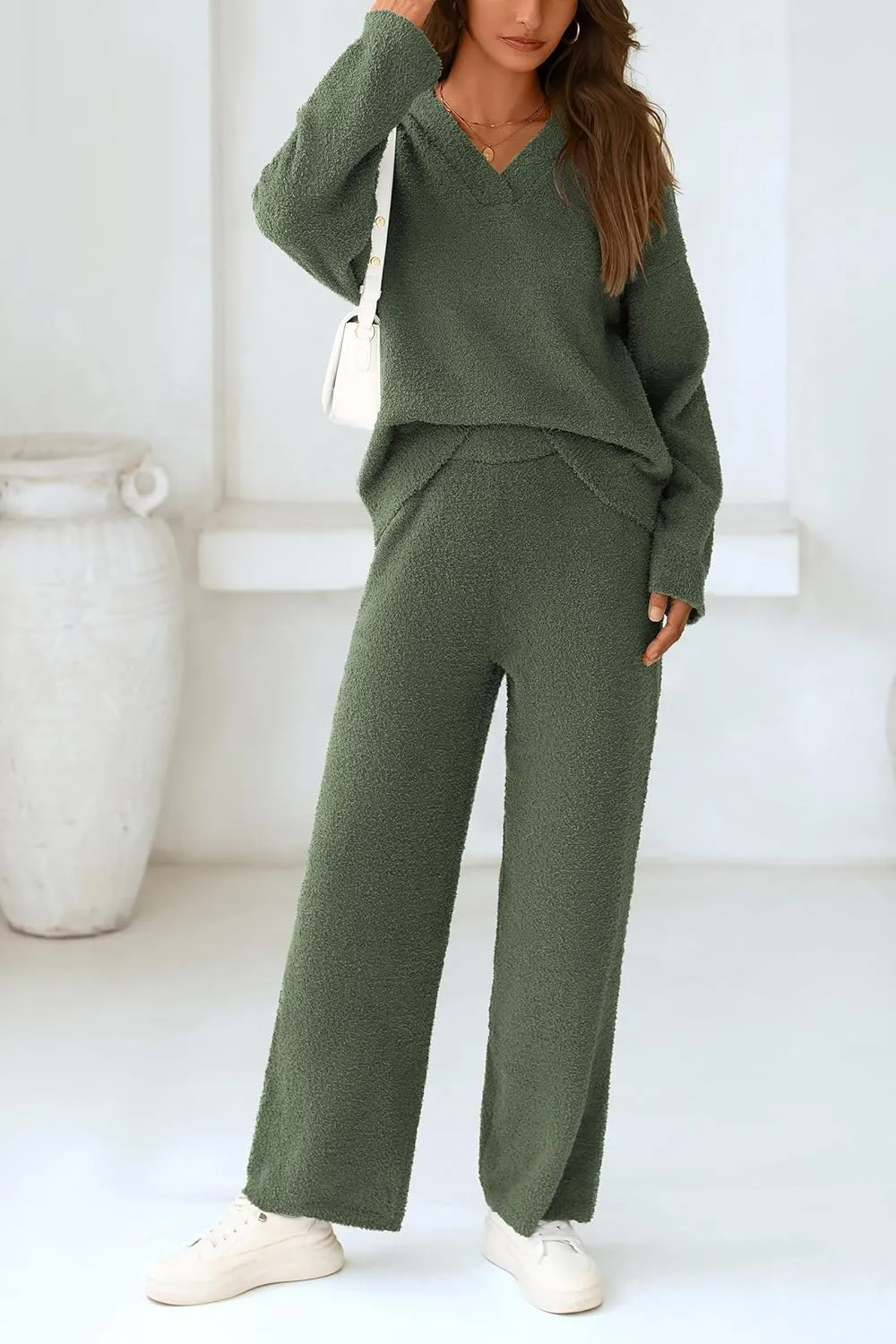 PRETTYGARDEN Women's 2 Piece Pullover Sweater Set Oversized V Neck Top Wide Leg Pants Fall Winter Fuzzy Lounge Outfit