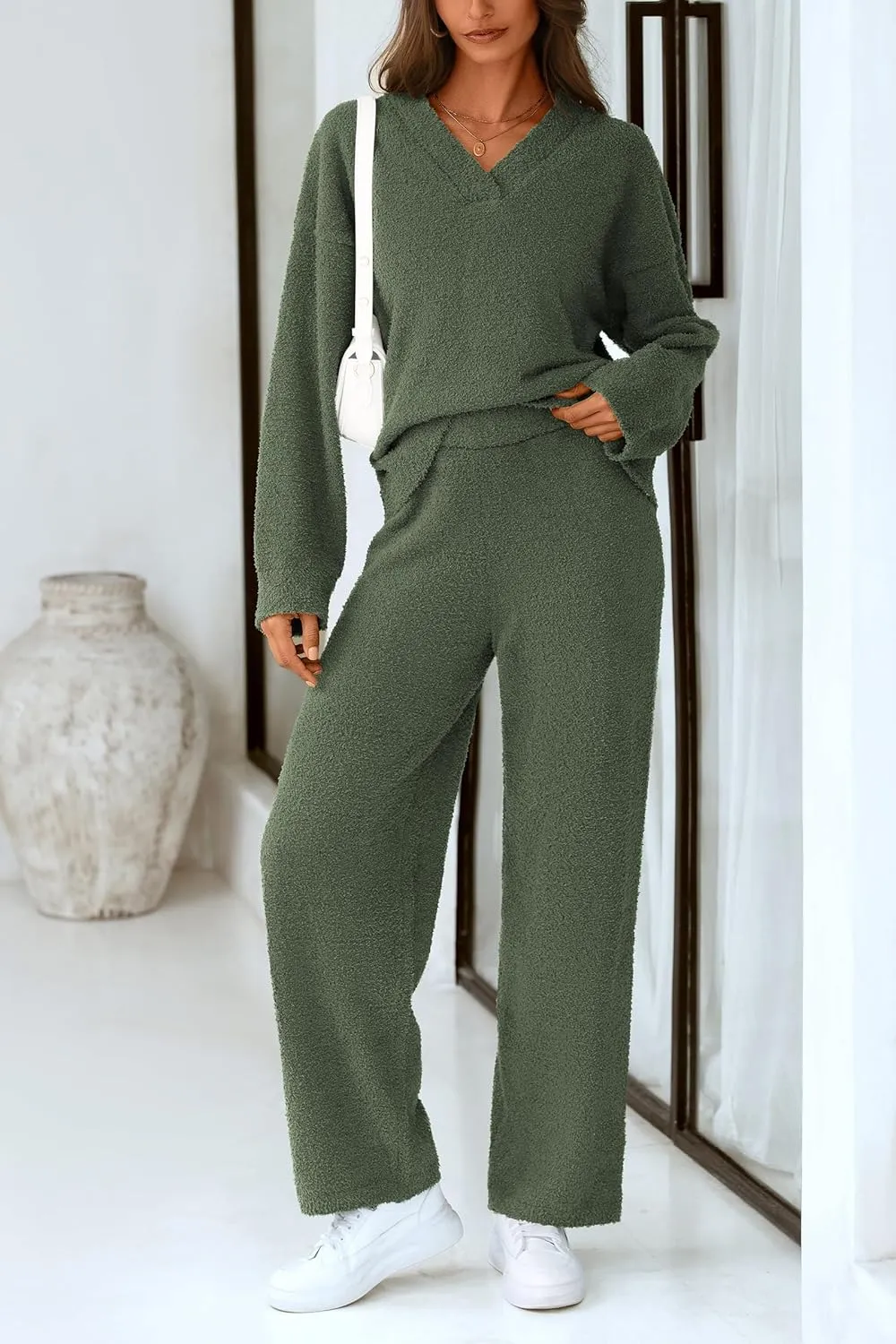 PRETTYGARDEN Women's 2 Piece Pullover Sweater Set Oversized V Neck Top Wide Leg Pants Fall Winter Fuzzy Lounge Outfit