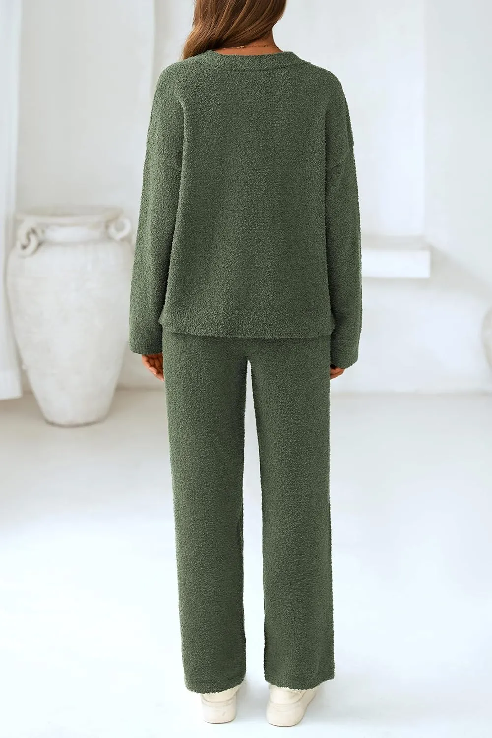 PRETTYGARDEN Women's 2 Piece Pullover Sweater Set Oversized V Neck Top Wide Leg Pants Fall Winter Fuzzy Lounge Outfit