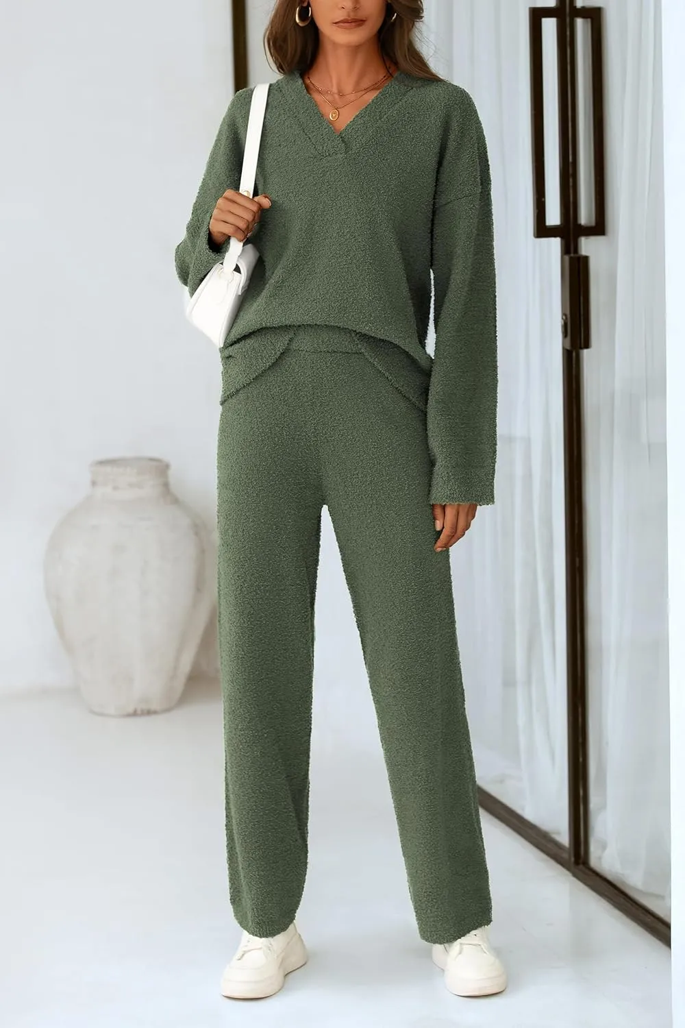 PRETTYGARDEN Women's 2 Piece Pullover Sweater Set Oversized V Neck Top Wide Leg Pants Fall Winter Fuzzy Lounge Outfit