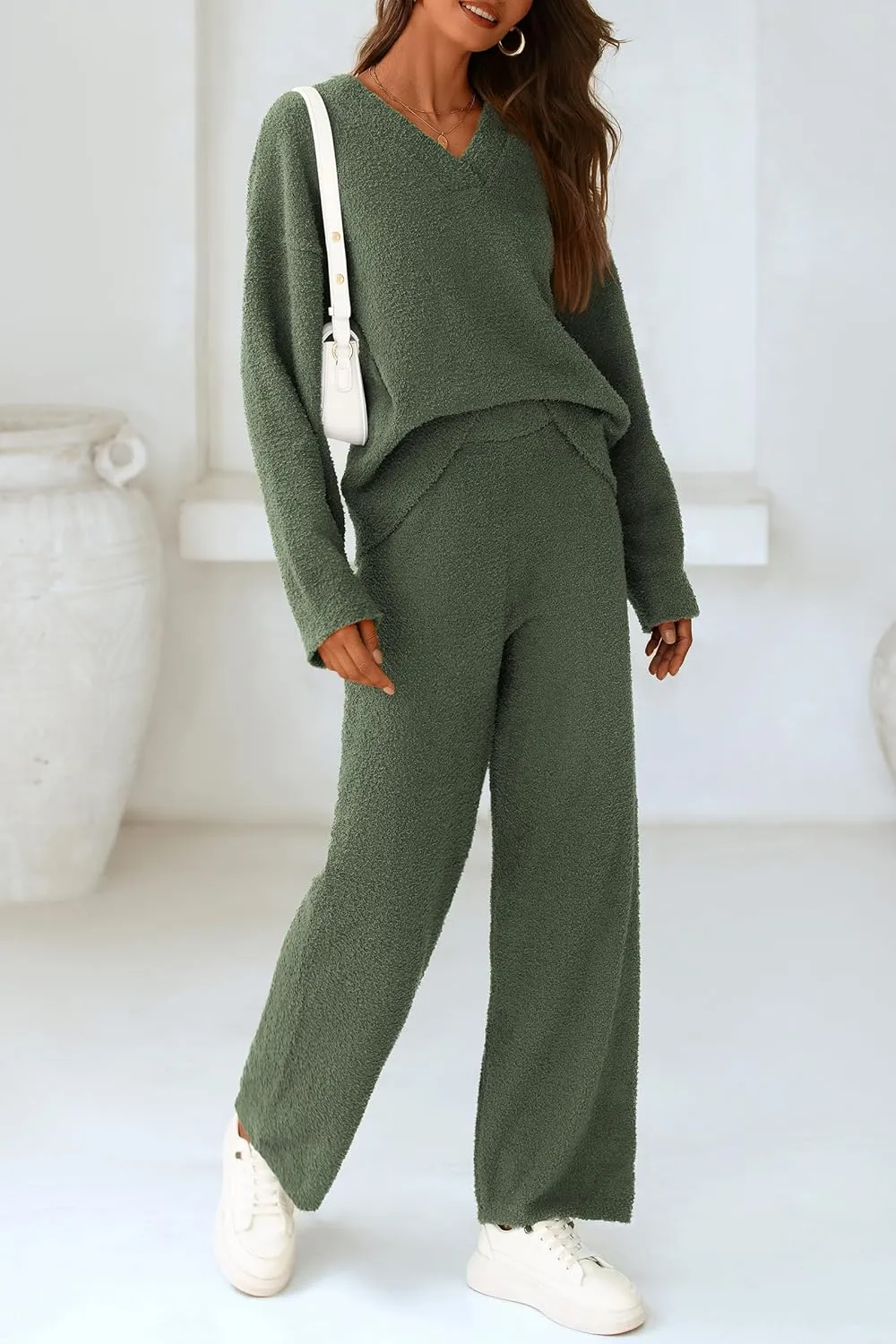 PRETTYGARDEN Women's 2 Piece Pullover Sweater Set Oversized V Neck Top Wide Leg Pants Fall Winter Fuzzy Lounge Outfit