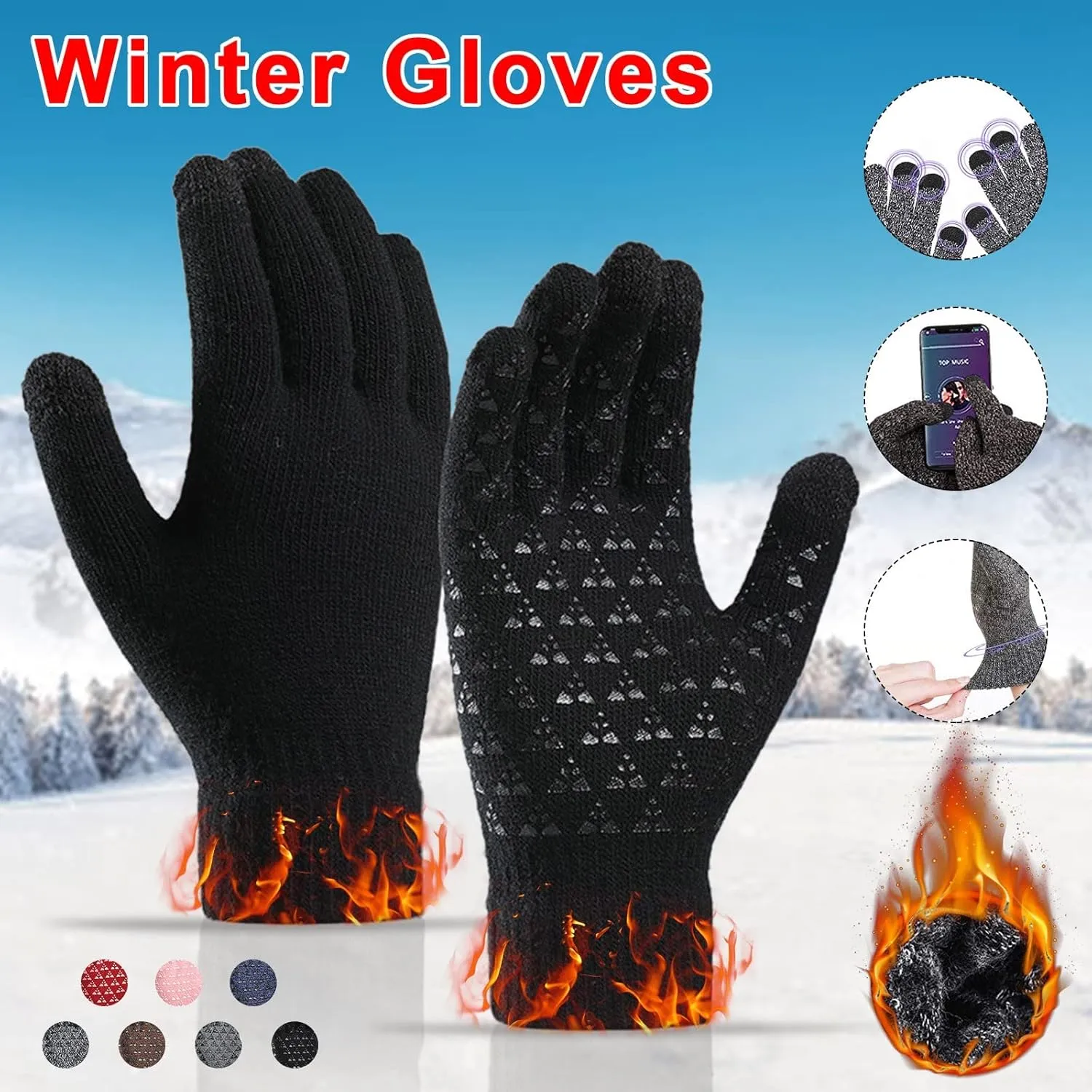 Winter Gloves Men,Full Fingers Touch Screen Thermal Knit Lining Knit Gloves for Kids Cold Weather Hiking Driving
