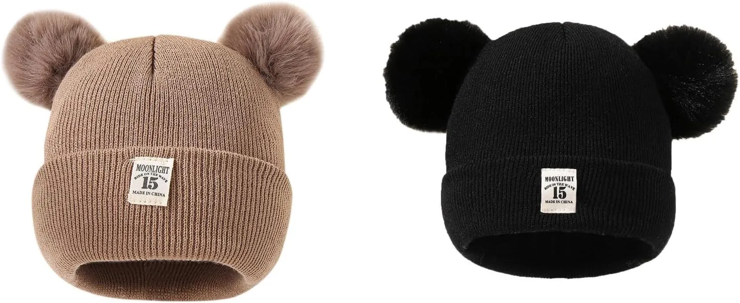 Winter Hat for Kids Toddler Children Boys Girls Beanie with Double Poms Poms Soft Warm Knitted Beanie Hat