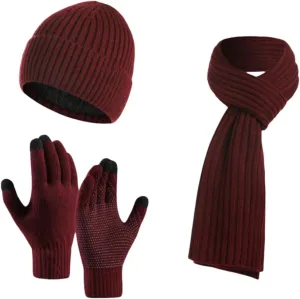 Winter Warm Knit Beanie Hat Long Neck Scarf Touchscreen Gloves Set for Men Women (Wine Red)
