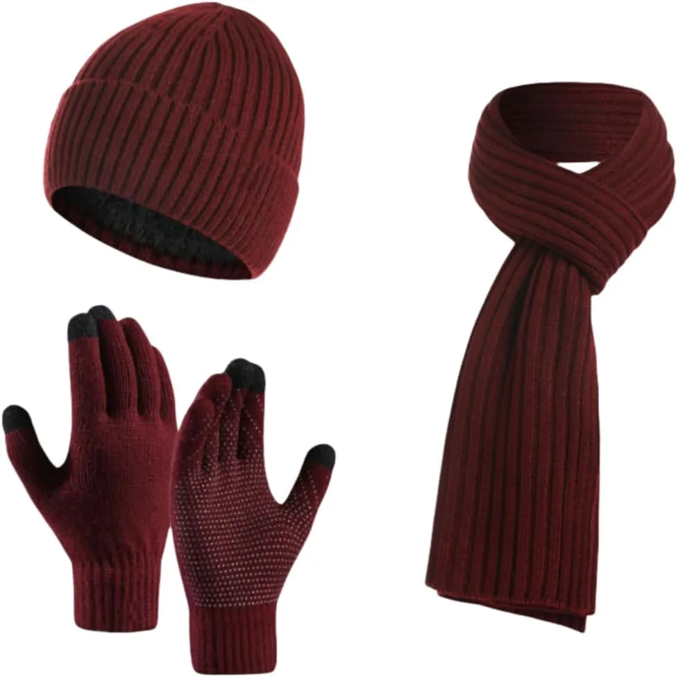 Winter Warm Knit Beanie Hat Long Neck Scarf Touchscreen Gloves Set for Men Women (Wine Red)