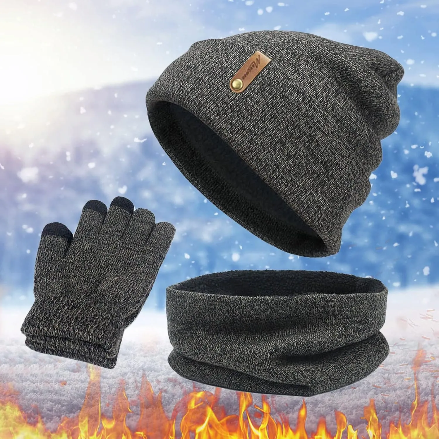 Winter Warm Scarf Beanie Hat Glove Neck Gaiter Set Adult Men Women Outdoor Warm Set Fleece Neck Warmer Touchscreen Gloves