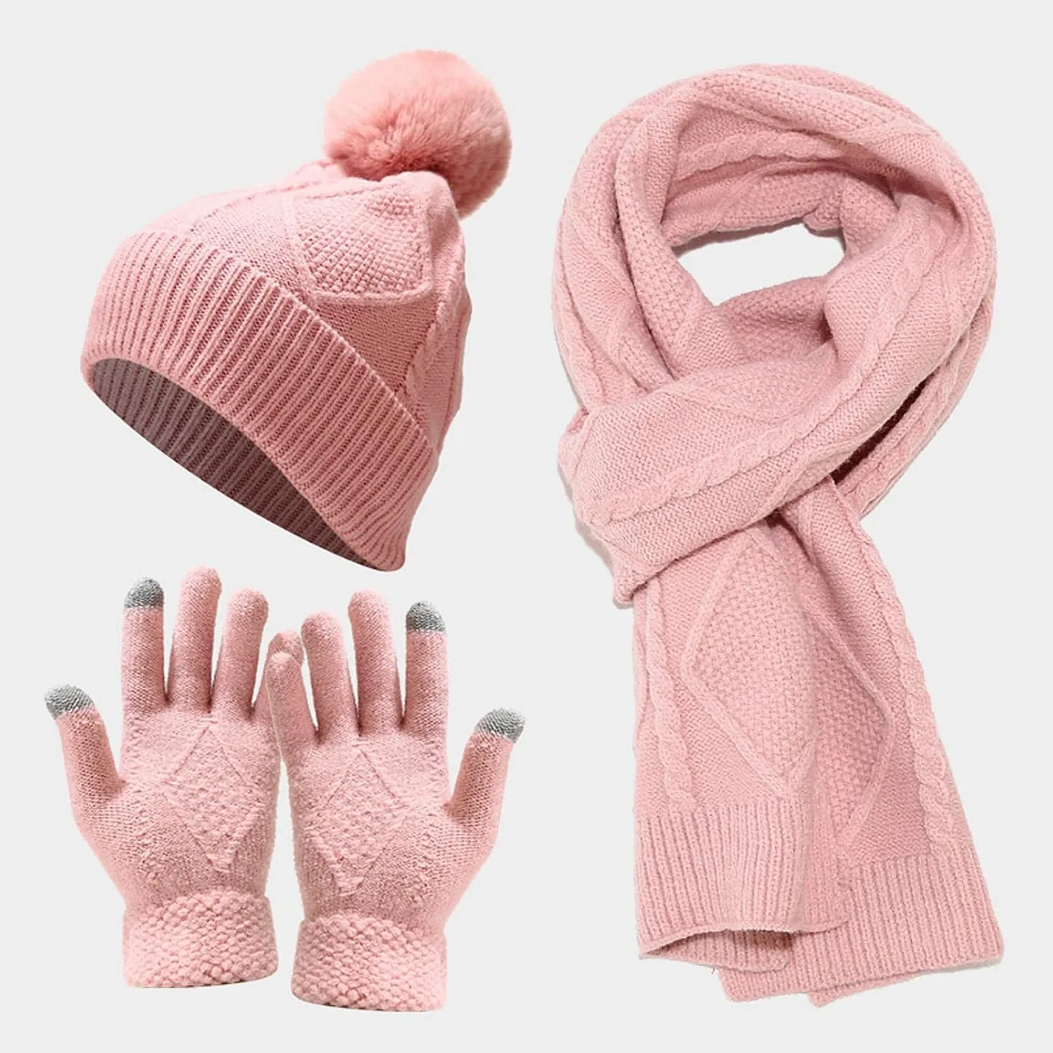 Women Mens Winter Hat Neck Scarf Touchscreen Gloves Slouchy Beanie Snow Warmer Knit Skull Cap Mittens Thick Scarves