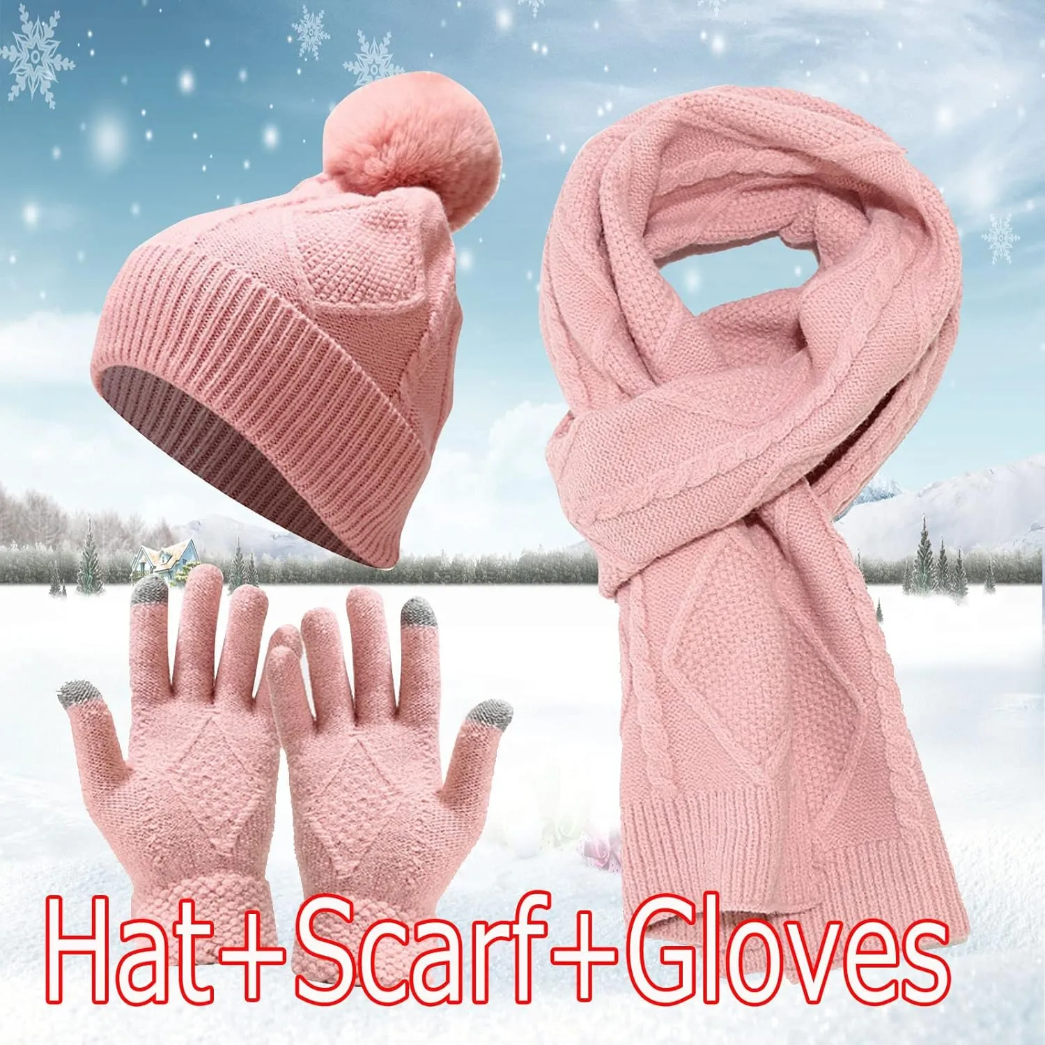 Women Mens Winter Hat Neck Scarf Touchscreen Gloves Slouchy Beanie Snow Warmer Knit Skull Cap Mittens Thick Scarves