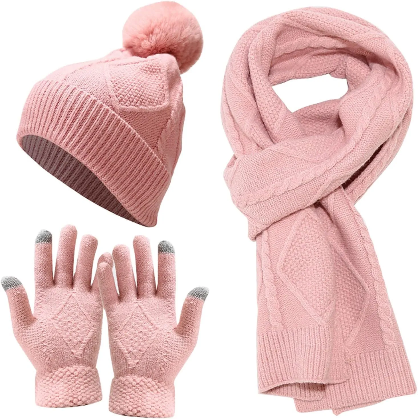 Women Mens Winter Hat Neck Scarf Touchscreen Gloves Slouchy Beanie Snow Warmer Knit Skull Cap Mittens Thick Scarves